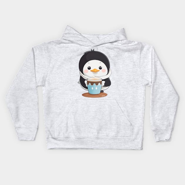 Cute penguin with coffee Kids Hoodie by Majkel&Majkel